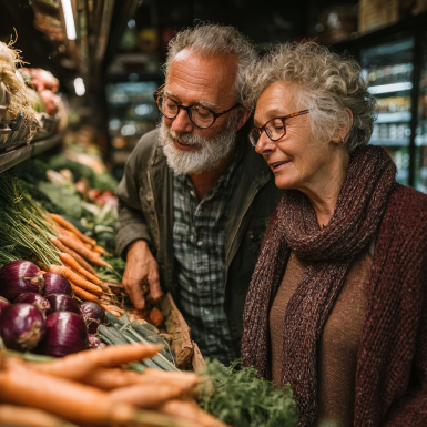 Щаслива пара літнього віку готує здорову їжу разом