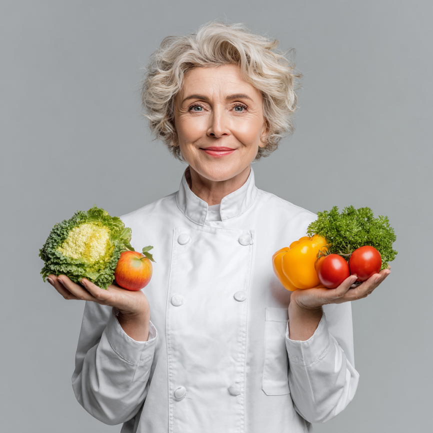 Літня жінка обирає свіжі овочі та фрукти