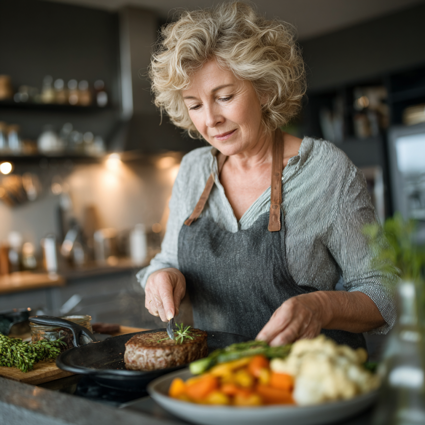 Пара літнього віку готує здорову їжу на кухні з посмішками